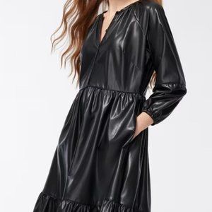 CHICO’S FAUX LEATHER MIDI TIERED DRESS WITH SLEEVES